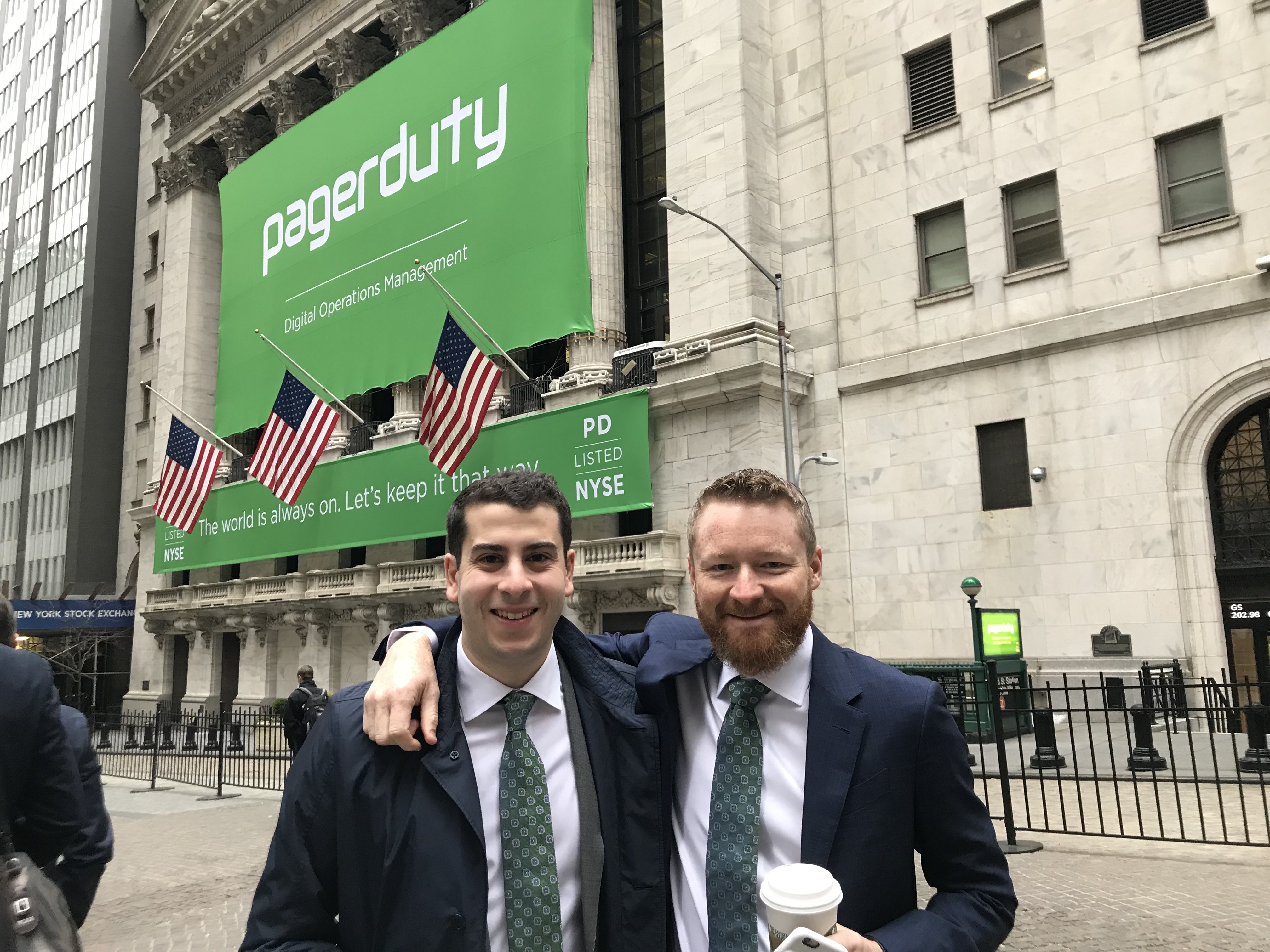 David (right) and I (left) on April 11th, 2019 at the PagerDuty IPO. Yes we had matching ties 😂